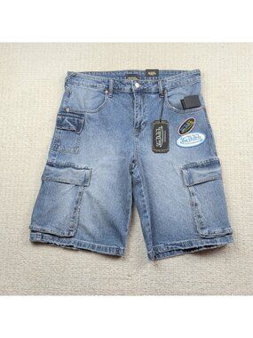 Y2K Von Dutch Originals Cargo Baggy Shorts Patch Denim Jeans Skater Sz 30/11 NWT